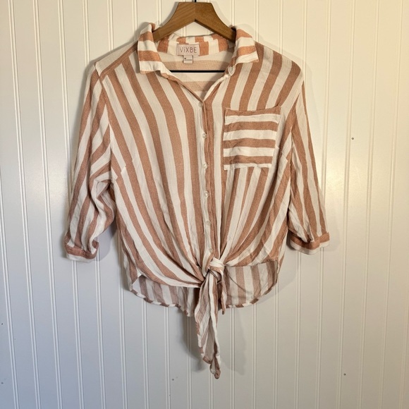 VIXBE Tops - VIXBE Striped Dusty Pink/White Tie Front Button Up Cropped Shirt Size Medium